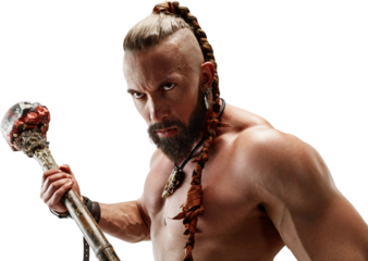 Serious long hair and muscular male model in leather viking&#x27;s costume with the big mace cosplaying isolated on transparent background. Half-length portrait. Fantasy warrior, antique battle concept.