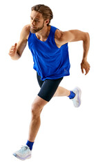 Muscular athletic man, running athlete in motion, training, growing athletic spirit isolated on...
