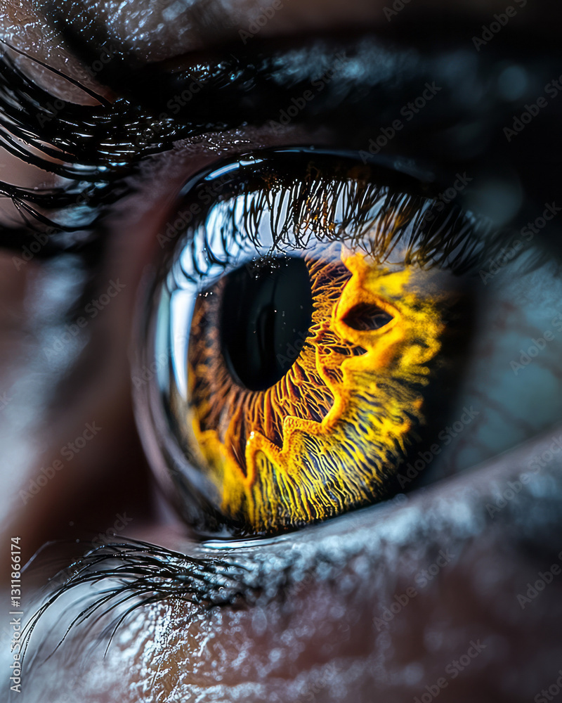 Poster Bold editorial style showcasing a striking eye with intense detail, dynamic color transitions