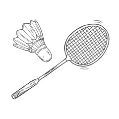 Badminton set doodle style vector illustration isolated on white background. Hand drawn shuttlecock and racket