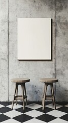 Two wooden stools in front of a textured wall under a framed white board on a black and white tiled floor
