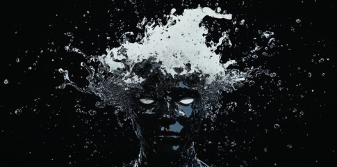 A dark background sets the stage for a glossy black mannequin head with smooth reflections and high contrast, ideal for artistic or abstract projects with sleek and polished surfaces