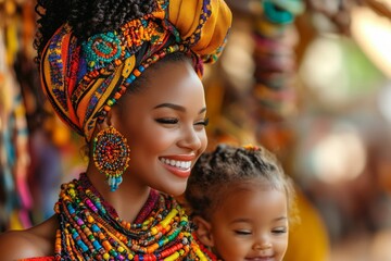 Fototapeta premium A mother receiving a handmade necklace from her child, with colorful beads and a big smile on her face