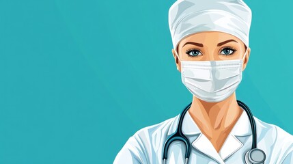 Female doctor in uniform, professional healthcare, attentive gaze, background teal backdrop, stock photo