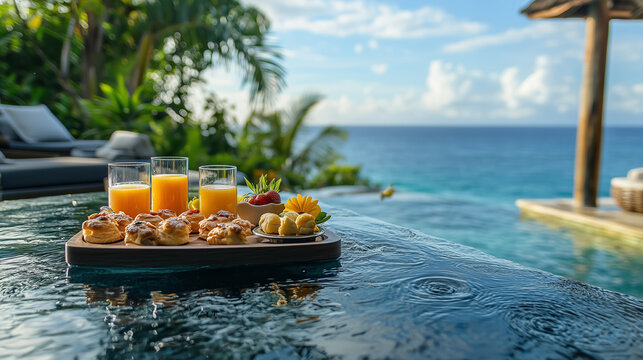 Enjoying a delightful breakfast by the infinity pool with ocean views under a clear sky in a tropical paradise resort