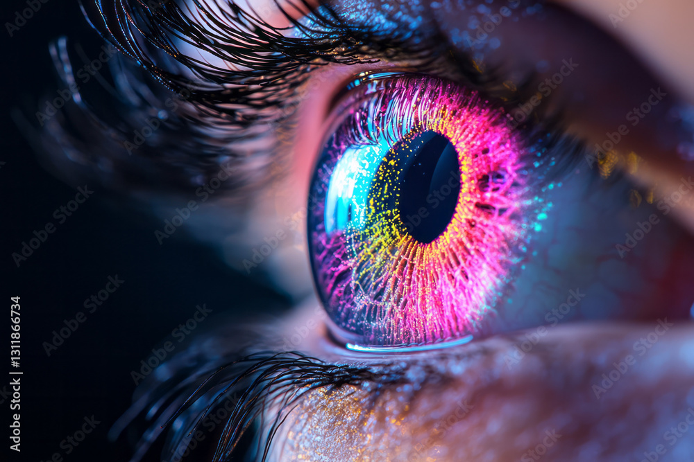Poster futuristic digital art of a glowing eye with an iris displaying intricate fractal reflections,