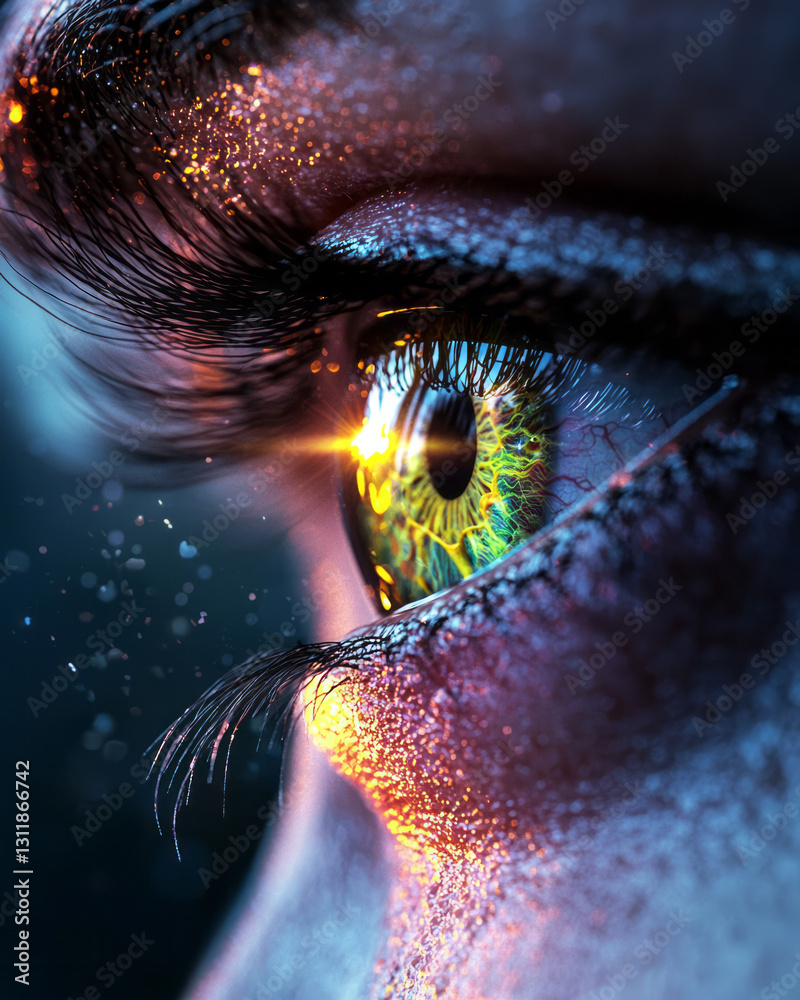 Poster Minimalistic portrait of a single eye with a kaleidoscopic iris, reflecting abstract shapes and