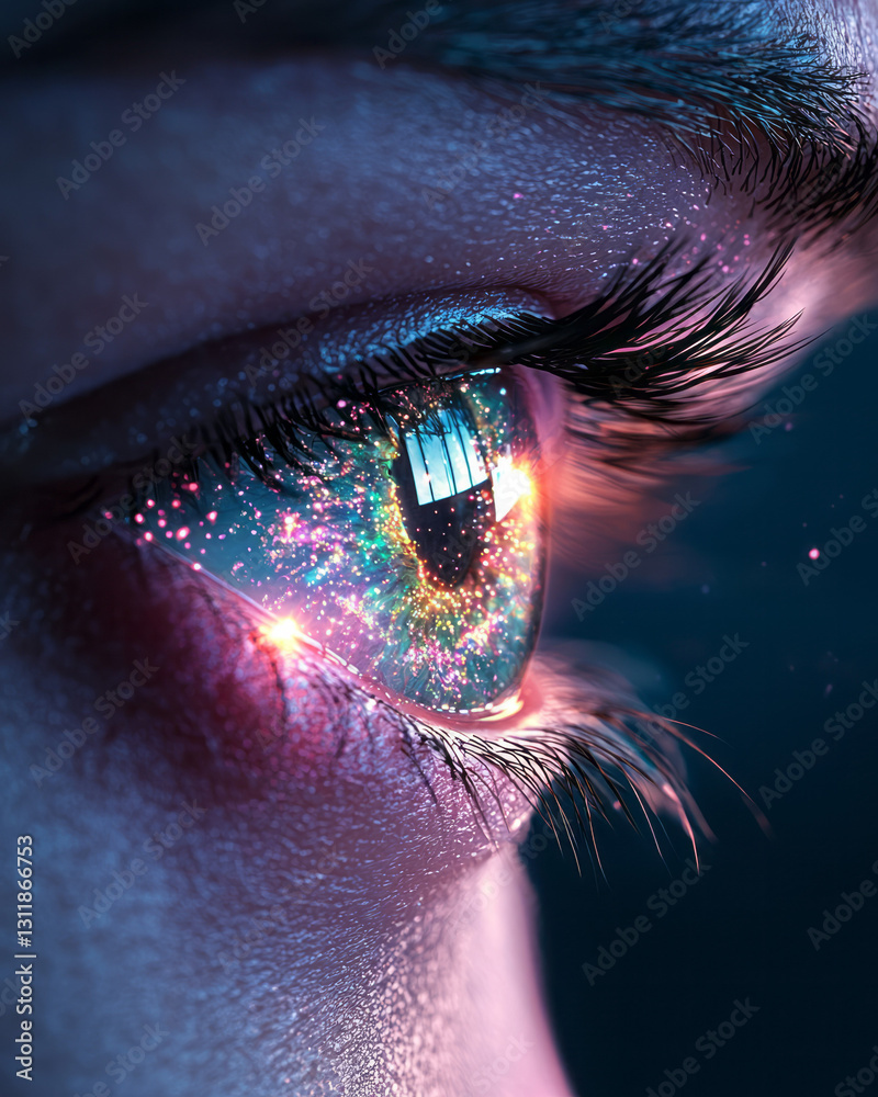 Aufkleber Minimalistic portrait of a single eye with a kaleidoscopic iris, reflecting abstract shapes and
