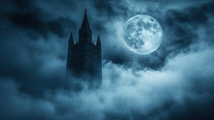 Dark gothic tower in misty night