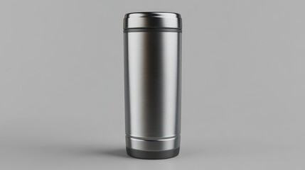 Vertical steel insulated tumbler with black top and bottom on grey background. Metallic cylindrical water bottle with textured finish