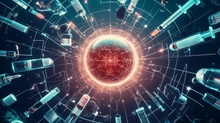 Naklejka premium A glowing red sphere with intricate digital connections, surrounded by syringes, vials, and futuristic graphics. Symbolizing science, innovation, and technology in healthcare.. AI Generation