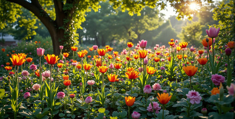 Obraz premium Vibrant Spring Flower Garden at Sunrise