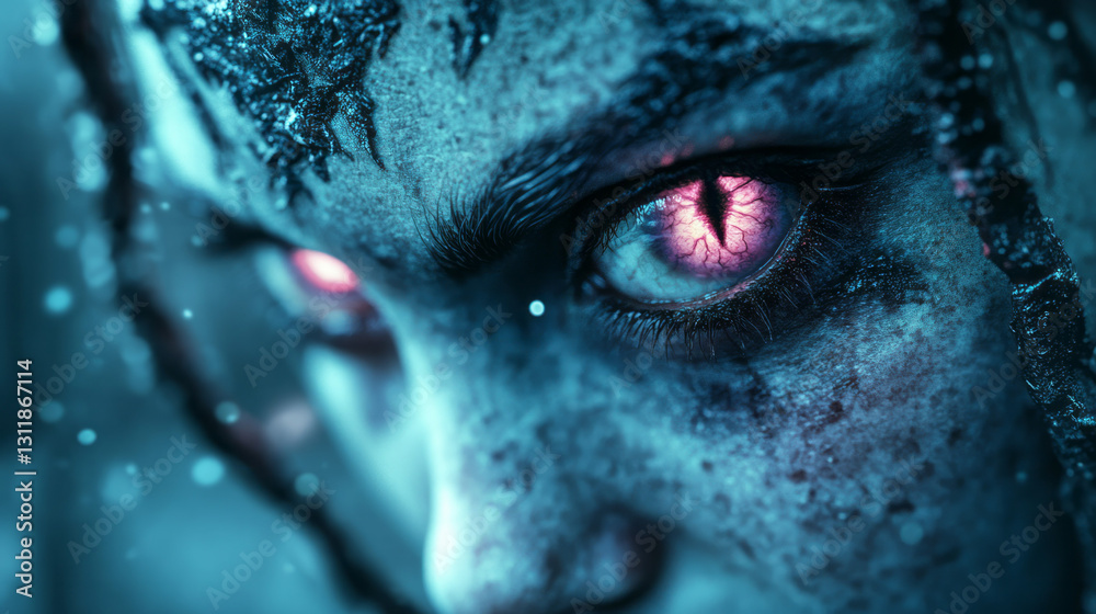 Poster a cinematic close-up of a mystical figure, whose glowing eyes convey an ethereal gaze of wonders