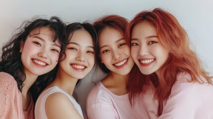 Obraz premium Close Up Portrait of Four Smiling Young Women with Pink Pastel