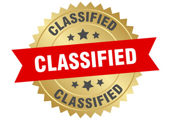 classified. classified round red and gold label isolated on transparent background
