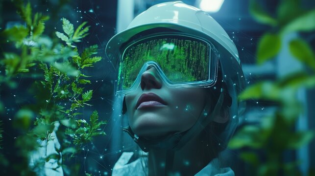 Woman with VR glasses and a hard hat in a factory setting.