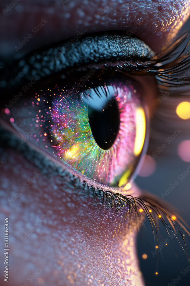 Poster extreme macro close-up of an otherworldly eye with an iris that mirrors a twilight nebula, delicate