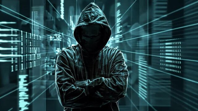 Mysterious hooded silhouette stands confidently against digital backdrop, embodying dark themes of cybersecurity, technology, and intrigue of hacker network.