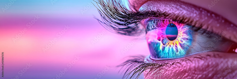 Poster minimalist composition capturing a solitary eye with a mesmerizing, iridescent iris reflecting a