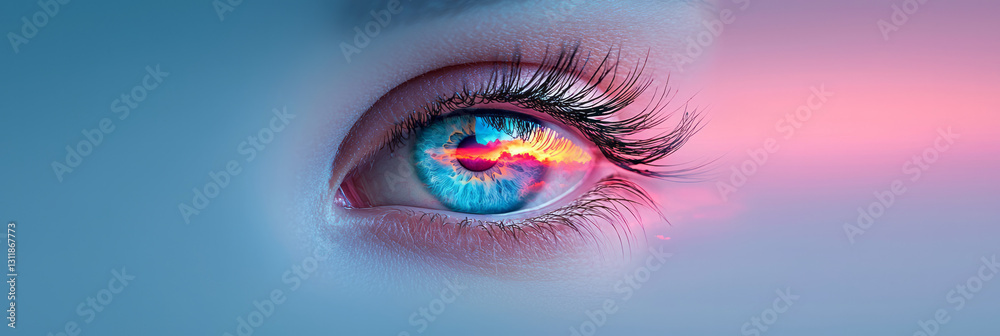 Poster minimalist composition capturing a solitary eye with a mesmerizing, iridescent iris reflecting a