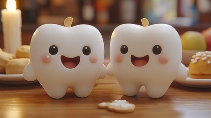 Obraz premium Cute happy tooth-shaped characters with smiling faces in cozy setting. Thanksgiving Day, Turkey Day, Harvest Festival - American Holiday Celebration, Family Gratitude Gathering