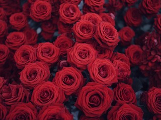 Obraz premium Vibrant red roses create a lush and romantic atmosphere among delicate petals and green foliage.