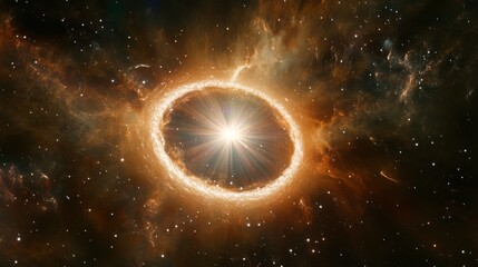 A brilliant golden star emitting a vibrant halo, set against a dynamic cosmic backdrop. The striking interplay of light and texture highlights the beauty of the universe.. AI Generation