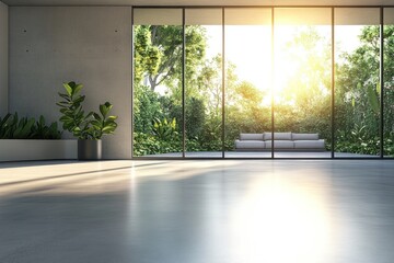 Fototapeta premium Sunlit modern interior with large window showcasing lush garden.