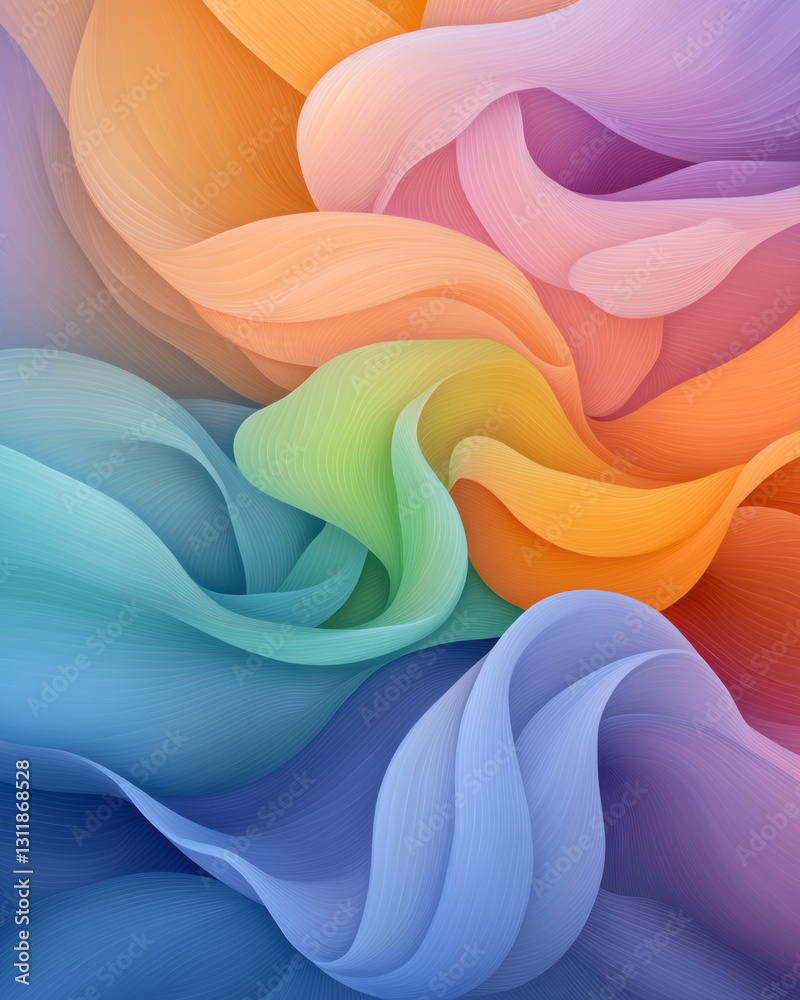 Poster abstract composition where flowing locks merge with gentle, swirling gradients of color,