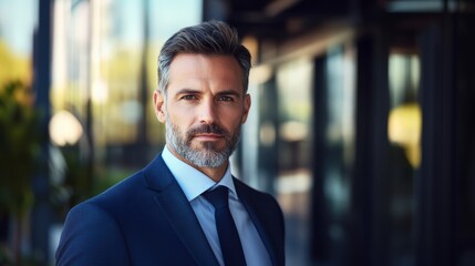 Fototapeta premium Confident Middle Aged Man in Dark Suit Outdoors
