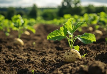Fresh potato plants emerging from rich soil in a vibrant agricultural field under bright sunlight with a blurred background of lush greenery
