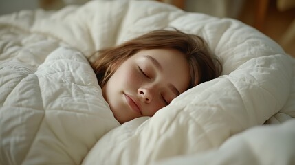 A woman peacefully sleeping in a bed, covered with a fluffy white comforter.