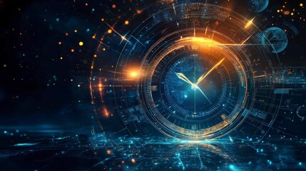 Obraz premium Digital Clock Abstract Futuristic Data Streams Dark Blue Orange