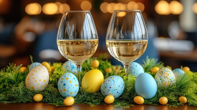Elegant easter table setting with colorful eggs and wine glasses. Easter, Pascha, Paskha, Ostern, Pascua, Paques - Orthodox and Catholic Holiday celebration