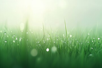 Fresh green grass with dewdrops glistening in the sunlight, showcasing nature's beauty.