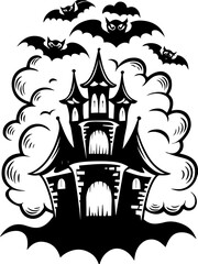 SVG vector features medieval fantasy demons with eldritch designs.Spooky Haunted Castle with Bats and Clouds in Black Design