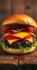Gourmet cheeseburger with bacon and fresh ingredients on a rustic wooden background
