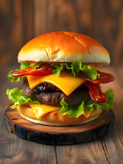 Gourmet cheeseburger with bacon and fresh ingredients on a rustic wooden background