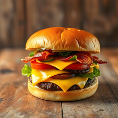 Gourmet cheeseburger with bacon and fresh ingredients on a rustic wooden background