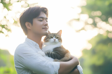 A handsome Asian man standing outdoors, his arms gently wrapped around a cat