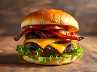Gourmet cheeseburger with bacon and fresh ingredients on a rustic wooden background