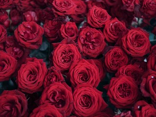 Obraz premium A vibrant display of lush red roses, symbolizing love and beauty in full bloom.