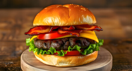 Gourmet cheeseburger with bacon and fresh ingredients on a rustic wooden background