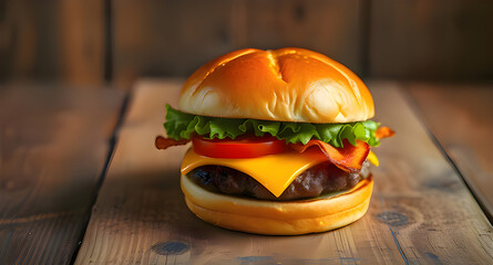 Gourmet cheeseburger with bacon and fresh ingredients on a rustic wooden background