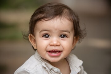 Smiling Caucasian baby with brown hair, enjoying the outdoors and displaying a joyful expression.