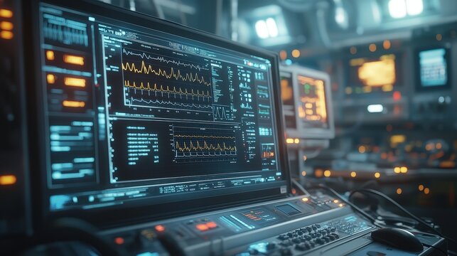 Close-up of a computer screen in the background, displaying medical data, surrounded by life support machines and monitors with various array lines and graphs on it. - Powered by Adobe