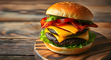 Delicious hamburger on a plate with cheese, bacon, lettuce, tomato, and ketchup on a black background