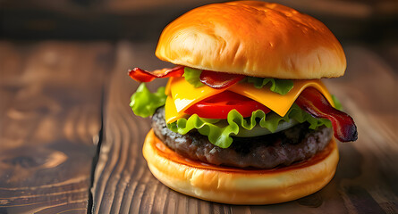 Gourmet cheeseburger with bacon and fresh ingredients on a rustic wooden background