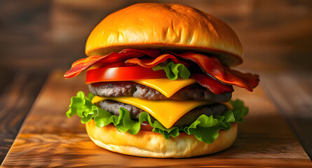 Delicious cheeseburger with lettuce tomato and onion on a black background