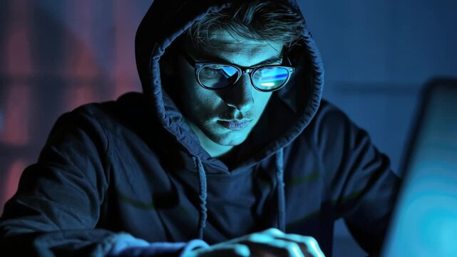 Focused Male Hacker in Dark Hoodie and Glasses Engaged in Cyber Technology Work on Computer in Dimly Lit Environment